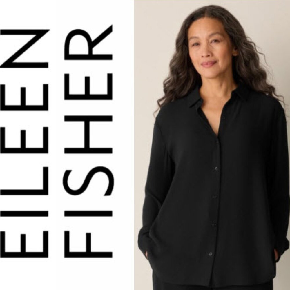Eileen Fisher Black Button Down Blouse Relaxed Fit Size Small Stretch